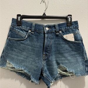 We The Free Women's Mid-Blue Distressed High-Rise Jean Shorts